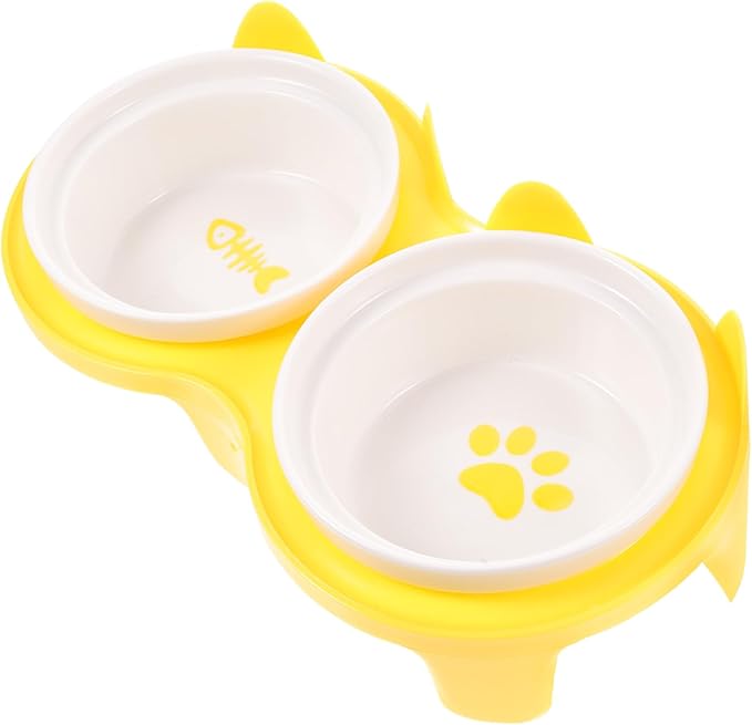 Ceramic Cat Bowl Raised Double Bowls Yellow Thickened Slant Design and Sturdy Stand for Convenient Indoor Feeding and Watering of Cats and Kittens