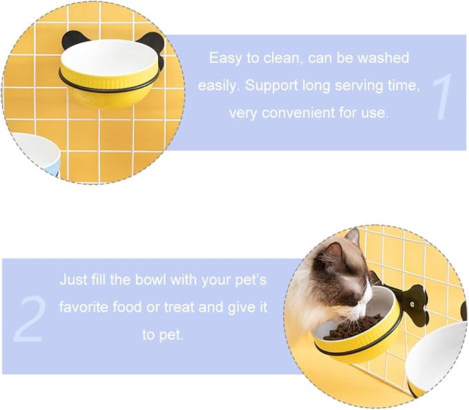 Suspension Style Ceramic Pet Bowl Set with Tilted Design, Yellow Fishbone Pattern, Elevated Iron Frame Feeder for Cats and Puppies, Multi-Function Feeding and Watering Accessory