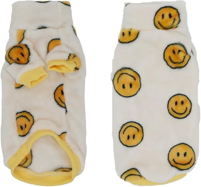 Thick Fleece Sphynx Cat Clothes, 2-Leg Winter Outfit with Smiley Face Print, Warm Flannel Shirt for Hairless Cats, Cat Cozy Cold Weather Clothing (Large(5-7lbs))