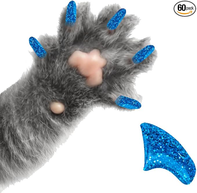 60 Piece Soft Nail Caps with Adhesive for Cat Claws - Sapphire Glitter Small