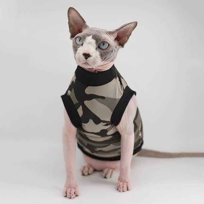 Sphynx Hairless Cat Summer Cotton T-Shirts Cat Vest Pet Clothes,Round Collar Vest Kitten Shirts Sleeveless, Cats & Small Dogs Apparel (Small, Black Camo)
