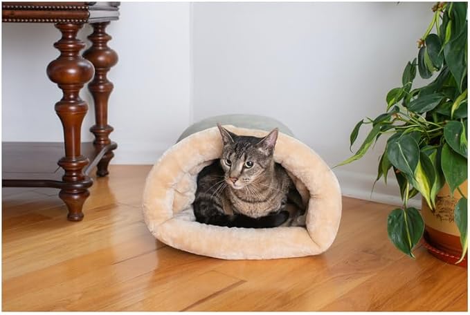 HomeStock Soft Cave Cat Bed - Plush Faux Fur & Suede - Machine Washable - Skid-Free Base - Sage Green & Beige