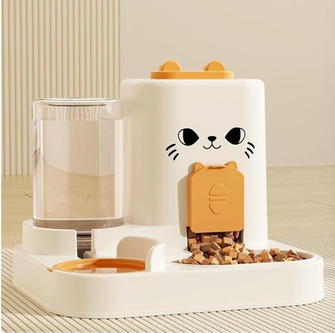 Cat Water Dispenser and Automatic Cat Food Feeder Integrated Water Feeder (Cat Face Orange, 10.63x9.06x10.63in)