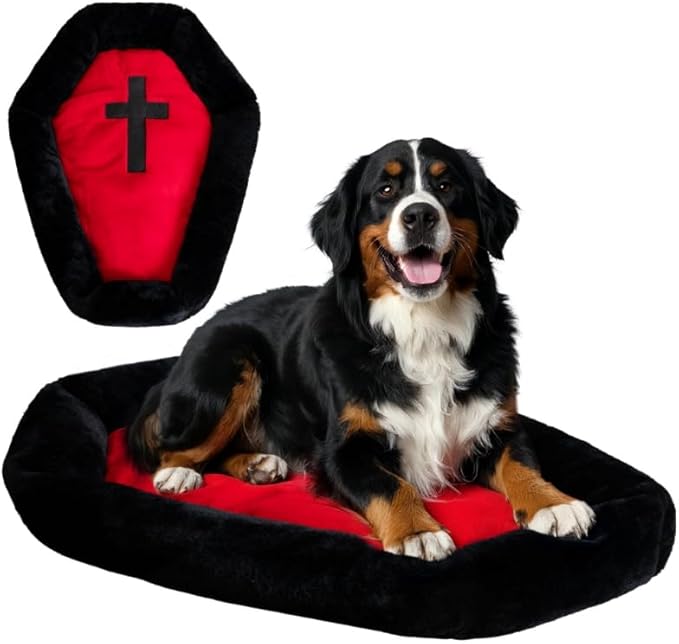Gothic Cat Beds Fits up to 25 lbs, Washable Coffin Cat Bed, Goth Pet Bed, Halloween House 32 * 22 Inch, Red & Black Small (Black, Large)