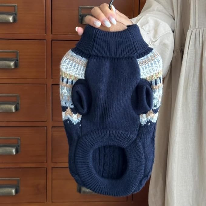 Knit Dog Sweater Turtleneck Cat Cold Weather Pullover Pet Vintage Cable Thick Warm Winter Clothes for X Small Dogs Cats Medium Pug Dachshund Yorkie (Navy, Medium)