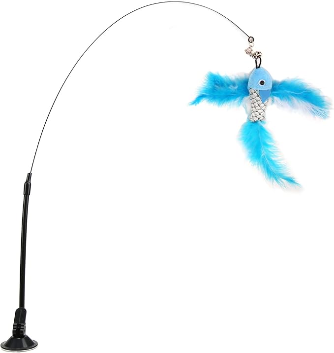 VINGVO Suction Cup Cat Toys for Indoor Cats, Cat Toy Handheld Teaser Wand Toy Interactive Cat Toy Hanging Door Kitten Toys for Kitty Kitten Scratching Exercise Indoor (Blue