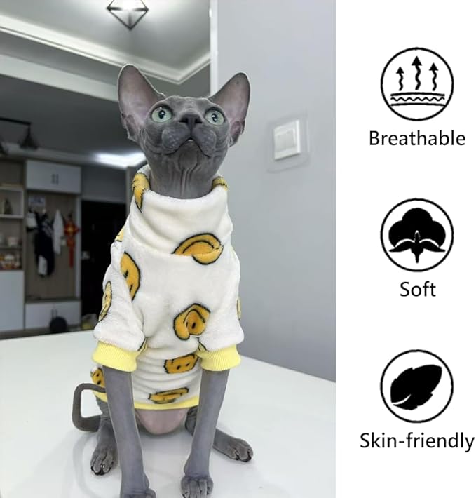 Thick Fleece Sphynx Cat Clothes, 2-Leg Winter Outfit with Smiley Face Print, Warm Flannel Shirt for Hairless Cats, Cat Cozy Cold Weather Clothing (Medium(3.5-5lbs))
