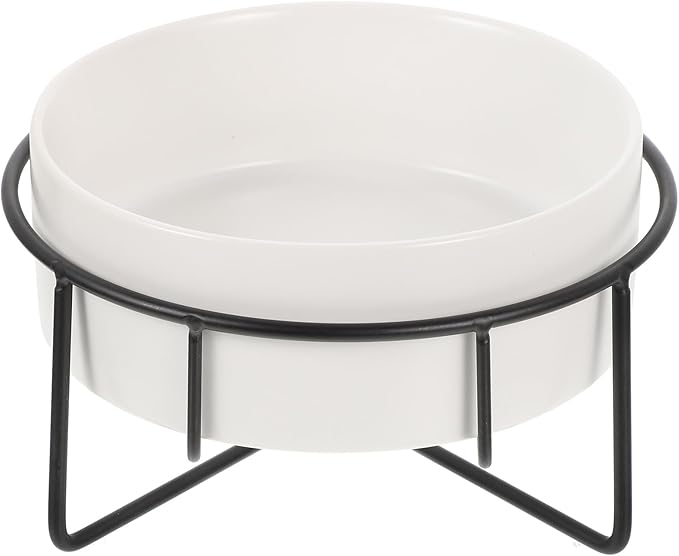 Elevated Cat Food Bowl with Metal Stand, 400ml Ceramic Raised Pet Feeder for Cats and Small Dogs, Non-Slip White Bowl with Black Iron Frame, Suitable for Feeding and Watering