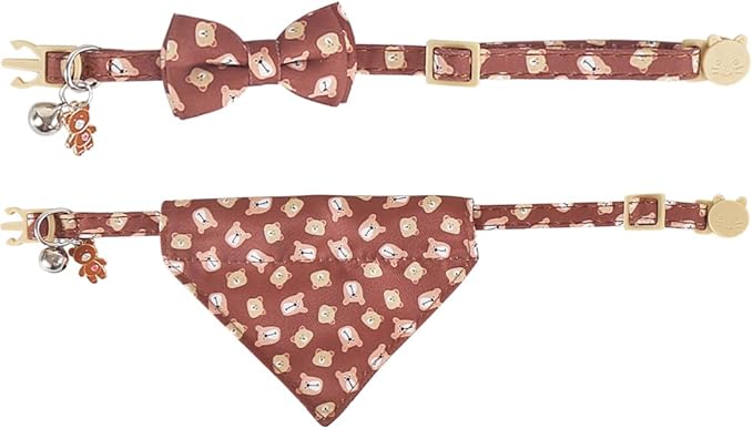 Cat Collar Breakaway with Cute Bow Tie Bandana and Bell Accessories Bear for Kitty Adjustable Safety
