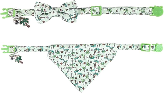 Cat Collar Breakaway with Cute Bow Tie Bandana and Bell Coconut Tree Accessories for Kitty Adjustable Safety