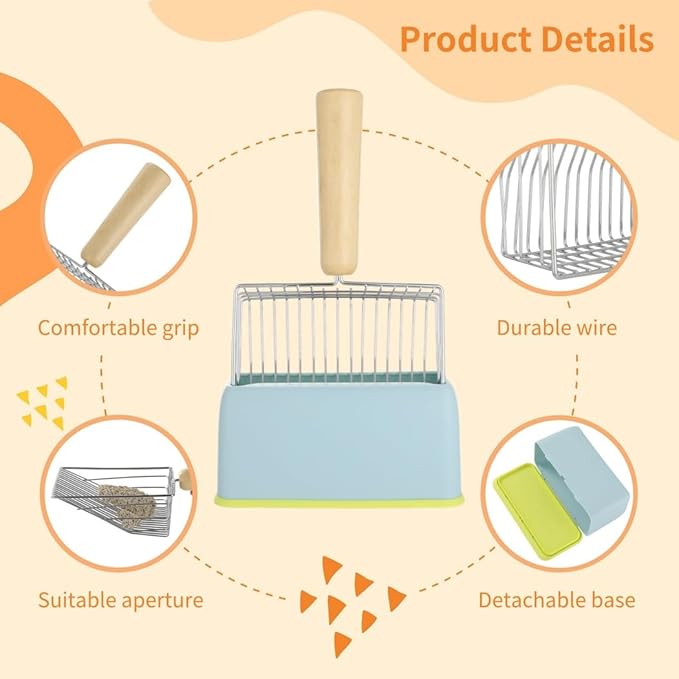 Cat Litter Scoop with Abs Holder and Stand, Metal Poop Scooper Set with Wooden Handle for Litter Box Cleanup