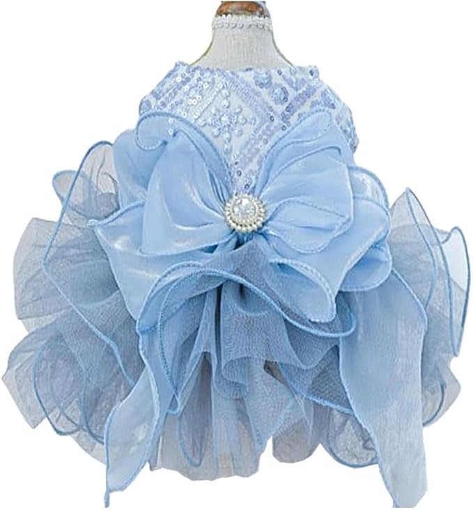Blue Princess Small Dog & Cat Dress - Sequin Tutu Outfit with Bow Knot & Pearl Decor | Formal Pet Clothes for Wedding, Birthday, Party | Fit Chihuahua, Yorkie, Kitten (Blue-Bow, Large)