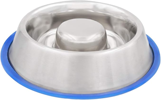 Slow Feeder Dog Bowl with Non-Slip Rubber Base for Dogs & Cats, Holds Food, Water & Treats, 25oz (SFD-M), Stainless-Steel/Blue, Medium