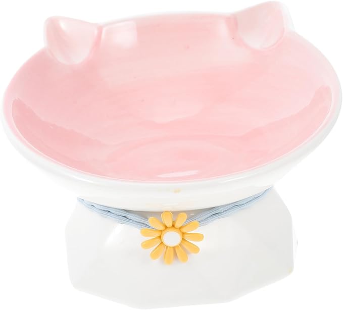 Happyyami 1pc Ceramic Cat Bowl Elevated Design Spinal Feeding Dish for Cats and Kittens Water and Food Container Non- Base Ear Style