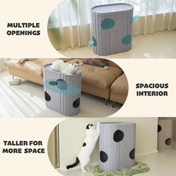 PETKARAY 2-Story Felt Cat House, Large Bed Cave for Indoor Cats, Felt Tunnel Hideaway Condo for Multi-Cat Households, 23.6x22x12 inches, Beige