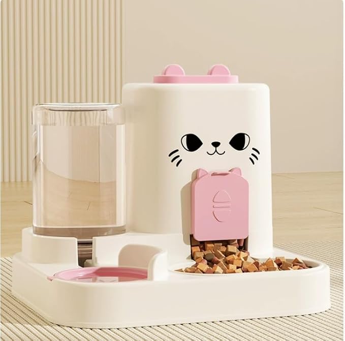 Cat Water Dispenser and Automatic Cat Food Feeder Integrated Water Feeder (Cat face Powder, 10.63x9.06x10.63in)