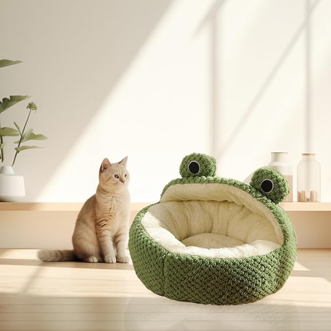 Frog Shape Cat Bed & Hideaway - Semi Closed Nest, Plush, Washable, Dog Cave & Kitten Rabbit Cat Beds