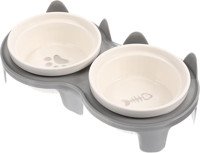 Ceramic Cat Bowl Elevated Double Feeding and Watering Bowls with Thickened Gray Anti-Slip Rack, Tilted Design for Neck Protection, Indoor Pet Supply for Cats