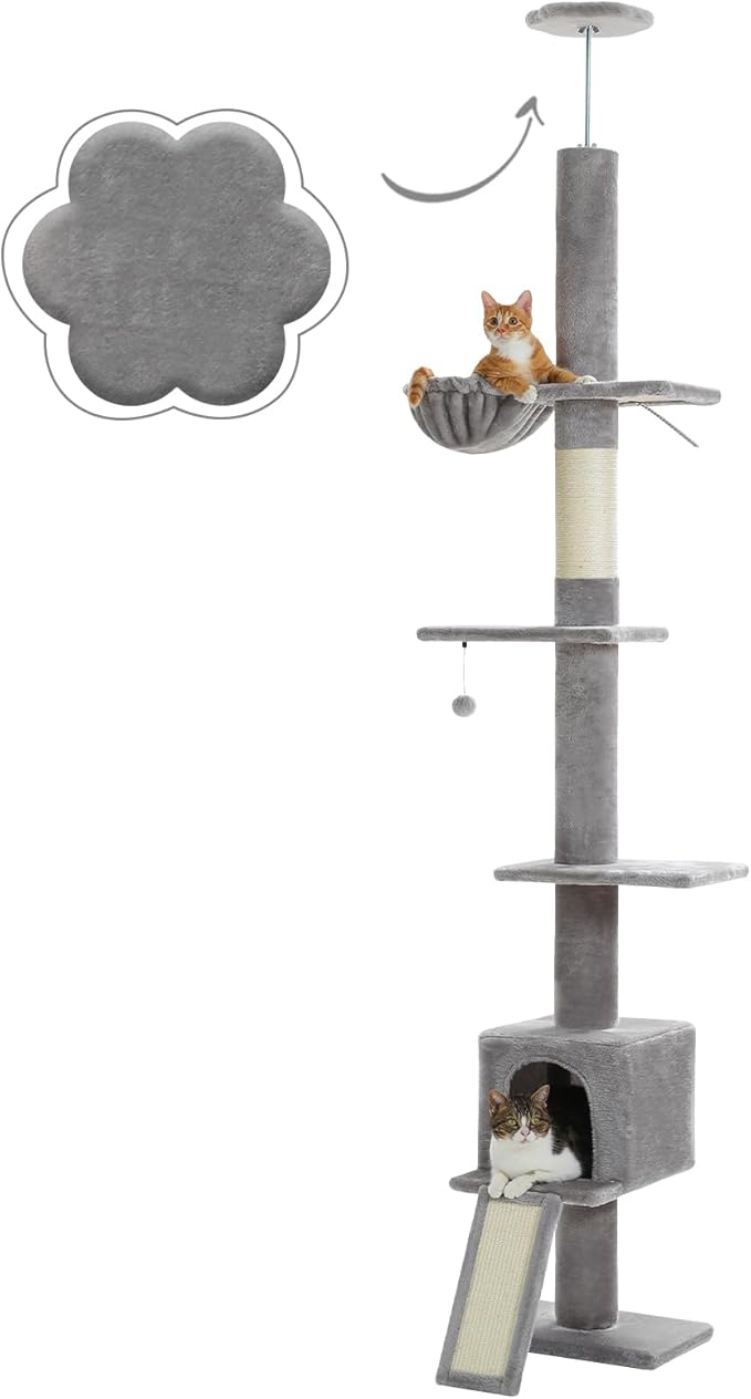 PETEPELA Floor to Ceiling Cat Tree, Cat Tower 5 Tiers Tall (83-108 Inches) Adjustable Height, Cats Climbing Tree Featuring with Condo, Scratching Post and Big Perches for Indoor Cats, Grey