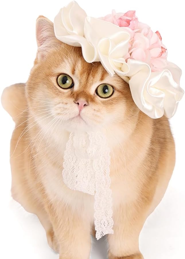 Lovelyshop Spring Garden Party Cat Hat, Elegant Satin Bow and Blossom Design for Pet Photoshoots and Picnics, Silk Lace Bonnet, Tea Party Pet Accessory