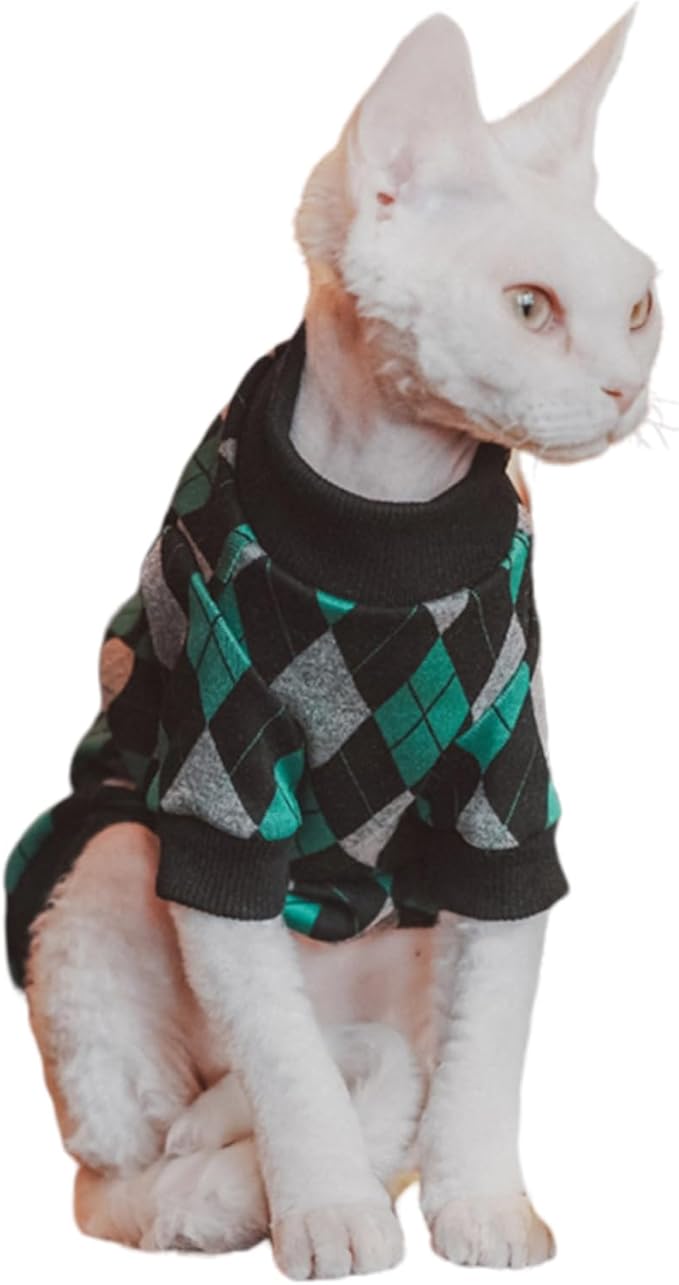Vintage Mulan Cotton Sphynx Hairless Cats Shirt Cat Turtleneck Pet Clothes Kitten T-Shirts with Sleeves for Sphynx Cornish Rex, Devon Rex, Peterbald (XX-Large, Rhombus)