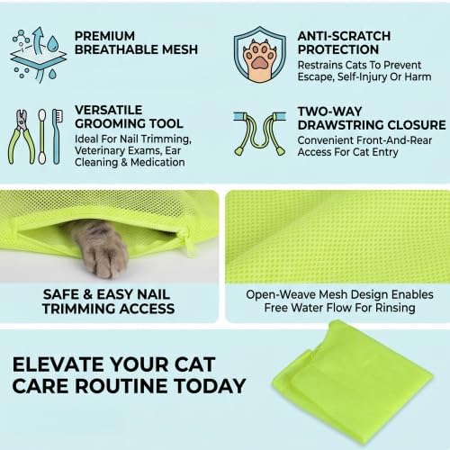 Cat Bathing Washing Bag, Adjustable Multi Functional Cat Restraint Mesh Bag Pet Shower Accessories for Nail Trim Examining Ear Clean Injecting (Yellow)