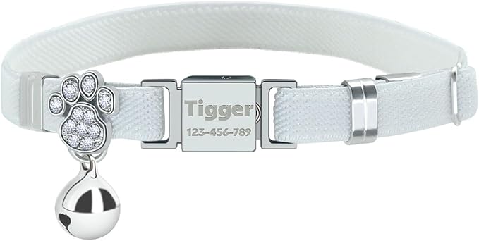 Personalized Safety Elastic Cat Collars with Bell,Laser Customized Stretch Kitten Collars for Girls Boys Cats-White