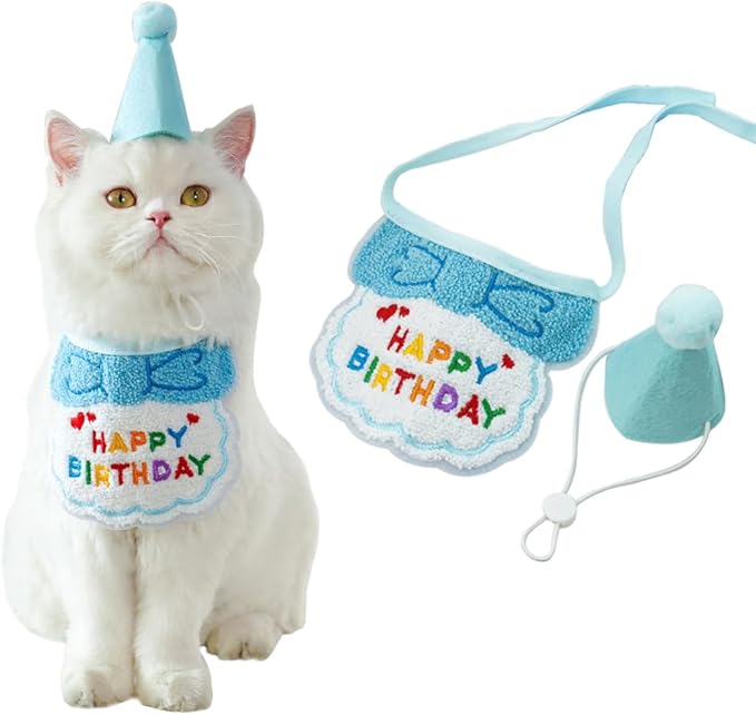 Pet Birthday Party Set, Adjustable Hat and Bandana with Happy Birthday Text, 2-Piece Celebration Accessories for Cats and Dogs (Blue)