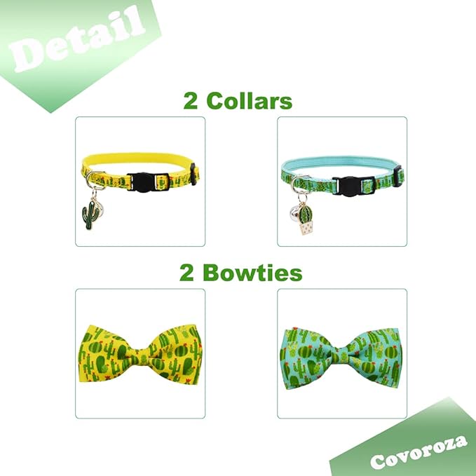 2 Pack Cactus Breakaway Cat Collar Bow Tie with Bell and Pendant Adjustable Safety Buckle Collars for Kitten Yellow and Green