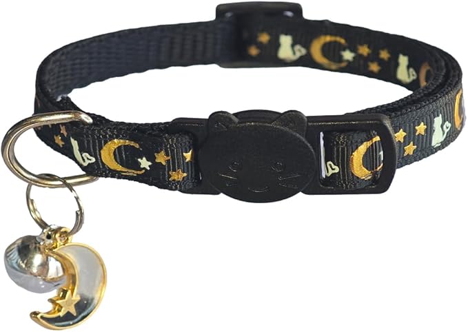 2 Pack Breakaway Cat Collars, Glow in Dark with Bell & Moon Star Pendant, Safety Buckle Kitten Collars Adjustable from 6.9-10.7" (Grey&Black)