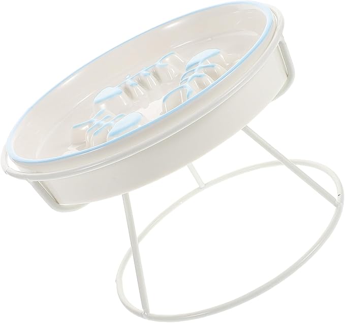 Yardwe Raised Ceramic Cat Bowl and Elevated Pet Feeding Station Slow Feed Food and Water Bowls with Stand Anti-Choke Slow Feeder for Cats Kittens and Small Dogs with White Three-line