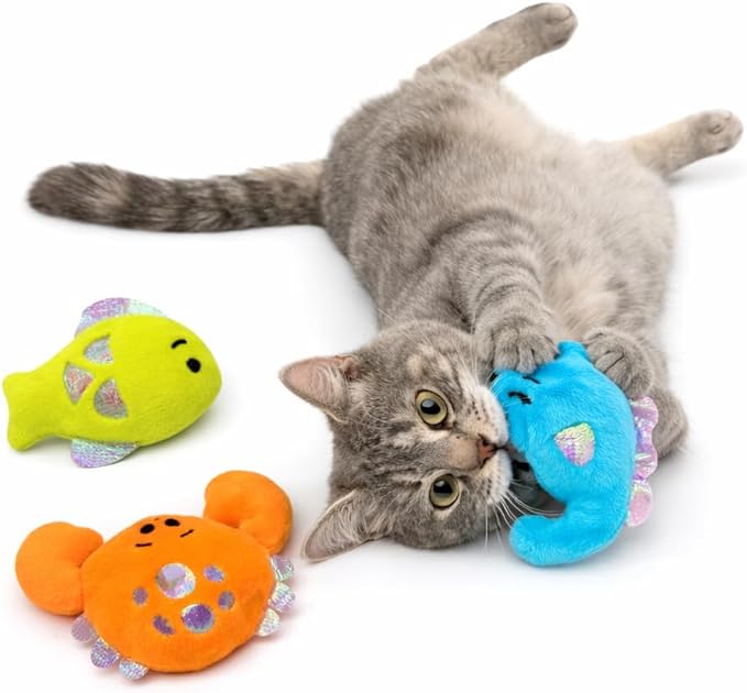 Pounce & Purr® Plush Cat Toys, Catnip & Silvervine Infused, Shiny Iridescent Accents, Interactive Play Toys for Cats & Kittens (Colorful Seashine Series)