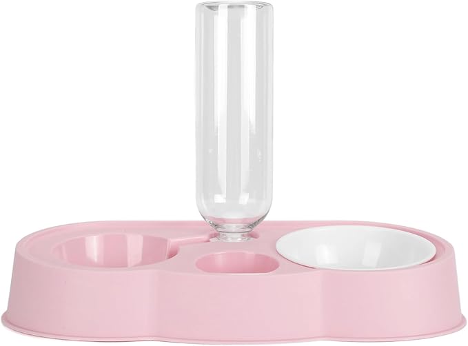 Double Pet Bowl Set, Non - Slip Stable 2-in-1 Food & Water Bowl with Automatic Water Dispenser Bottle, Feeding Station for Cats, Small Dogs and Mini Pets (Pink)
