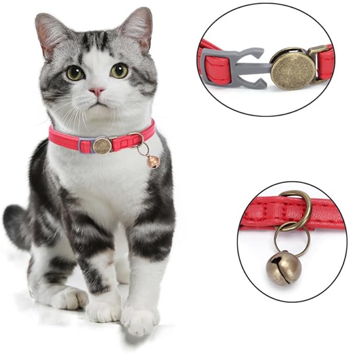 Vintage Style Leather Breakaway Cat Collar, Personalized Leather Cat Collar with Bells-Adjustable Customized Collar with Name & Phone Number Tag for Girl Boy Cats and Puppy（Black