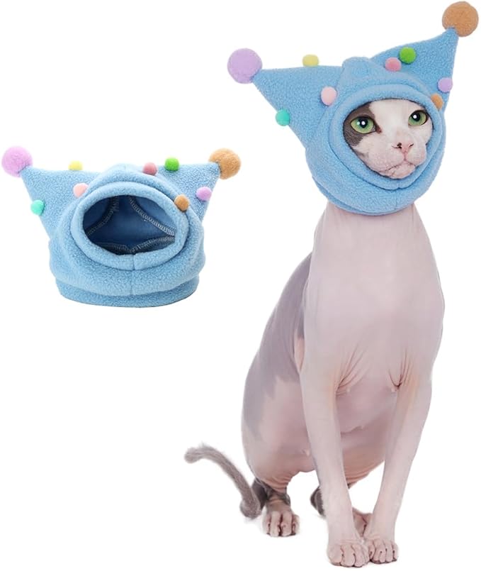 Fleece Funny Cat Hats with Pom-Poms, Adjustable Straps, for Cats Halloween & Birthday (Blue, L(Face Circle 10-11''))