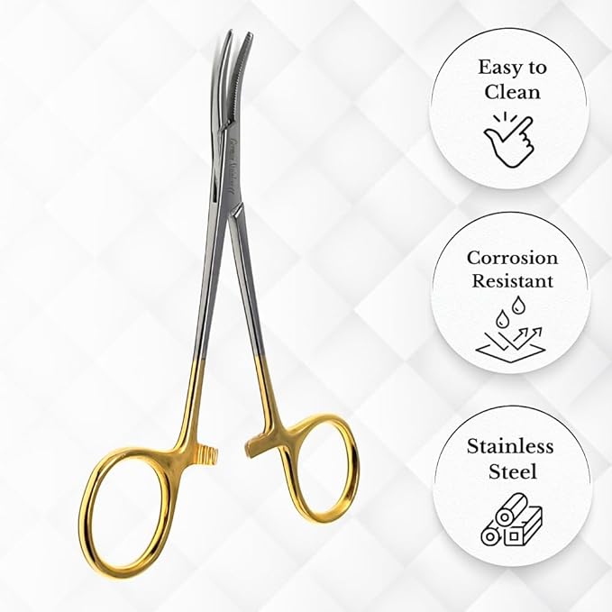 HTI DOG CAT PET HAIR PULLER REMOVER STAINLESS STEEL HEMOSTAT LOCKING FORCEPS 5" CURVED FULL SERRATED (Gold Handle)
