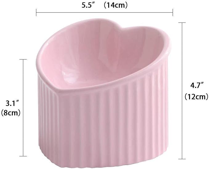Heart Shaped Cat Dish for Food Or Water, Slanted Ceramic Bowl with Stable Base, Pink