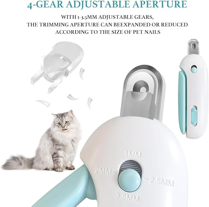 Cat Nail Clipper, Cat Nail Trimmer with Adjustable 3-Size Trimming Hole & Hidden Nail File, Anti-Splash Claw Cutter with Debris Catcher for Kittens, Adjustable Aperture Pet Blue Nail Clippers