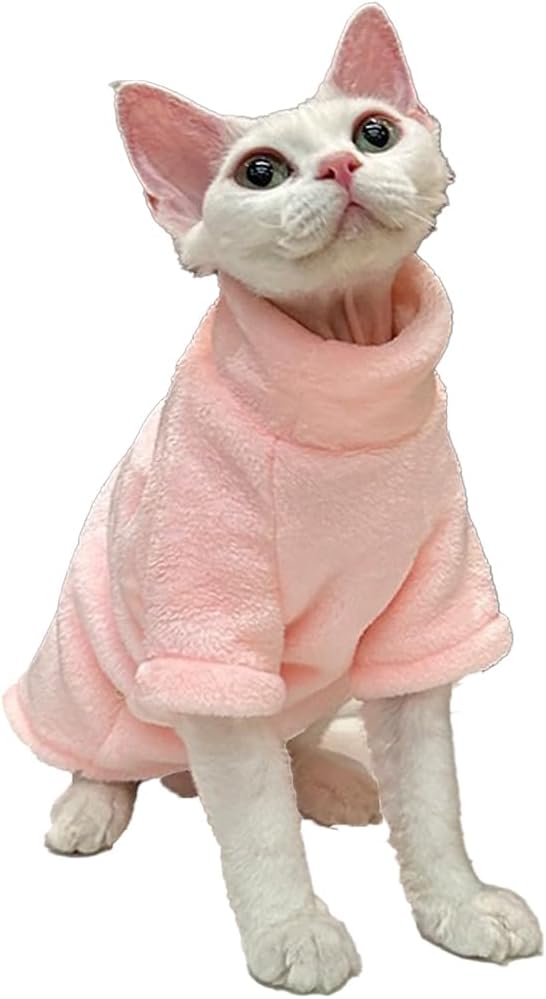 Sphynx Cat Clothes Winter Turtleneck Soft Coral Fleece Cat Clothes Thicken Warm Pajamas Coat for Hairless Cats and Small Cat Apparel with Sleeves (Light Pink, XXL（12.7-16lbs）)