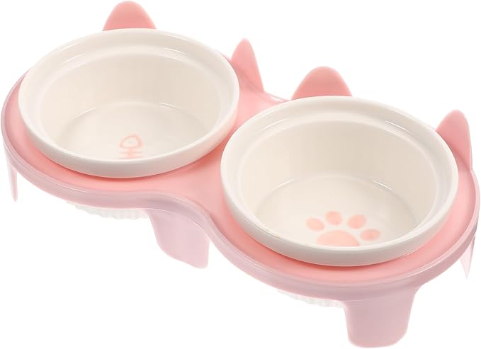 PRETYZOOM Ceramic Elevated Cat Bowl Set with Thickened Pink Bowls and Sturdy Stand, Non-Slip Raised Pet Feeding and Watering Station for Household Cats and Kittens