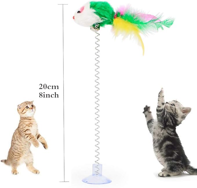 KABB 3 Pcs Cat Toy Spring Toy Elastic Spring Mouse Feather Plush Interactive Intelligence Toys with Sucking, Random Color