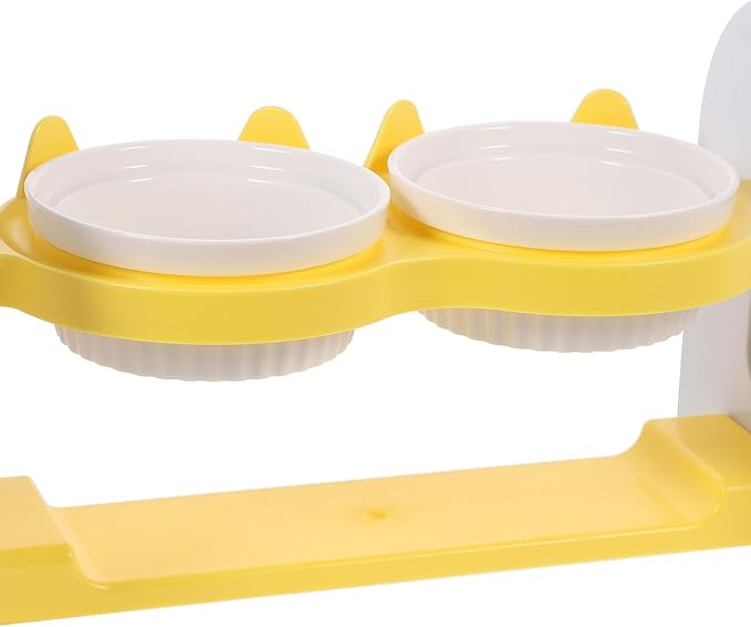 Ceramic Raised Cat Bowl Set Adjustable Height and Tilt, Yellow Non-Slip Floor Pet Bowls for Dogs and Cats, Sturdy Reusable Feeding and Watering Station