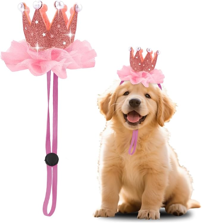 Adjustable Dog Cat Kitten Bday Hat for Pet Birthday Party Hats with Lace Crown Dog Birthday Hat for Boy Girl Dogs Cat Birthday Party Hat with Pearls for Pet Pink Birthday Hats for Pets