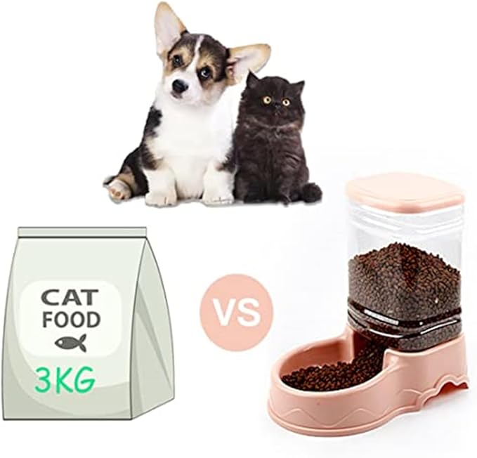 Pet Feeding Bowl and Water Dispenser with Refillable Storage Container Self-Dispensing 1 Gallon Large Capacity Cat Feeder, 3.8 Liters Capacity Dog Rabbit Waterer (Pink, for Food)
