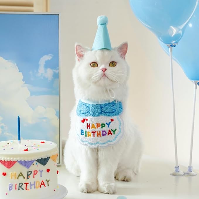 Pet Birthday Party Set, Adjustable Hat and Bandana with Happy Birthday Text, 2-Piece Celebration Accessories for Cats and Dogs (Blue)