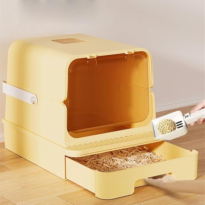 Pet Supplies, Enclosed Cat Litter Box with Top Exit & Handle,Large Hooded Tray(Yellow)