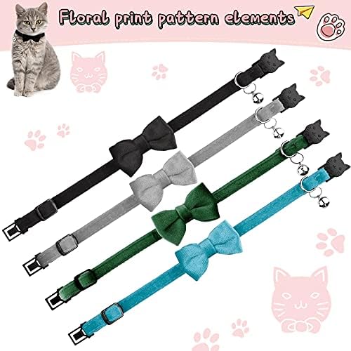 4 Pieces Cat Bow Tie Collar with Bell Breakaway Cat Comfortable Velvet with Cute Safety Pet Collar for Pet Kitten Puppy(Small,Black, Gray, Dark Green, Blue)