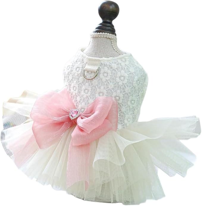 Dog and Cat Girl Bow Dress, White Dog D-Ring Wedding Dress with Pink Bow, Cat Birthday Set, Chihuahua York Pomeranian Cat Pet Party Dress (Pink Bow-Princess, X-Large)