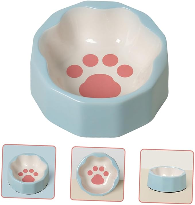 TOYANDONA Ceramic Pet Bowl Tilted Cat Dish Small Blue Slanted Dog Feeder Bowl with Animal Paw Print for Cats and Dogs Feeding and Watering Supplies