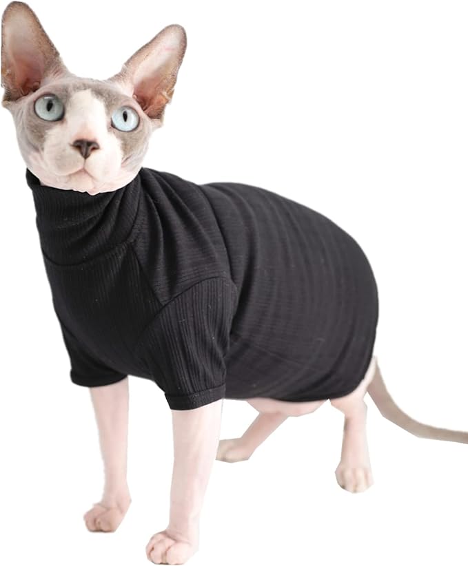 Sphynx Hairless Cats Shirt Cotton Cat Turtleneck Sweater Pullover Kitten T-Shirts with Sleeves Cat Pajamas Jumpsuit for Sphynx Cornish Rex, Devon Rex, Peterbald (Small (Pack of 1), Black)